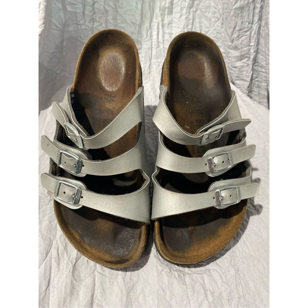 Birkenstock Florida slide in sandals silver leather with 3 strap buckles ladies